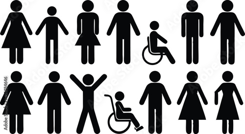 Man and woman silhouette icon set, representing diverse family and business groups