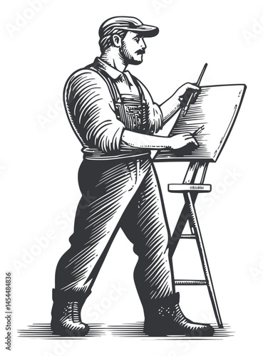 Engraved Worker Creating Art on Canvas with Sketching Tools