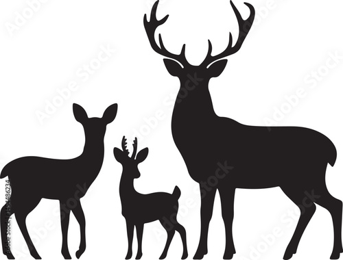 Black silhouettes of wild deer including male female and roe deer standing in a forest of tall trees presented on a white background for wildlife or woodland themed design