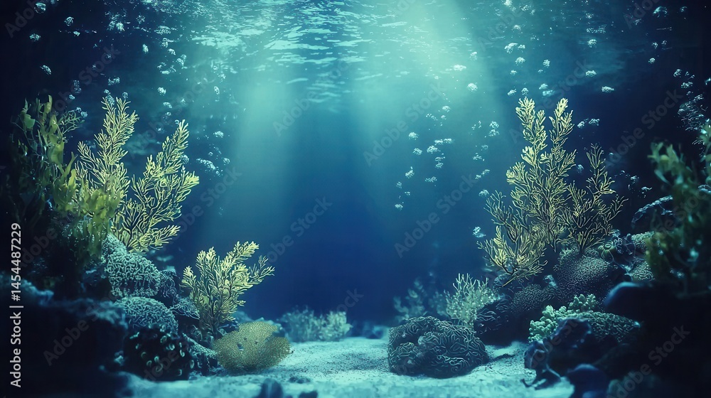 Obraz premium Underwater Scene Sunbeams Illuminate Vibrant Coral Reef