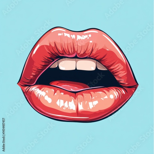 Glossy red lips showing teeth on light blue background