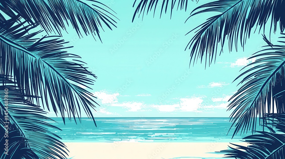 Fototapeta premium Tropical Beach Scene Palm Trees Frame Ocean View