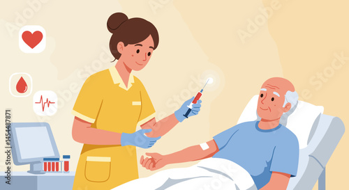A nurse takes a blood sample from a vein of an elderly patient in a medical facility