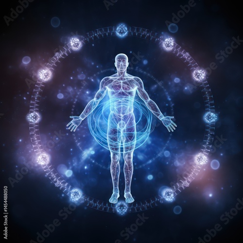 A human figure with a glowing aura, surrounded by a cosmic energy field, against a dark, starry background.
