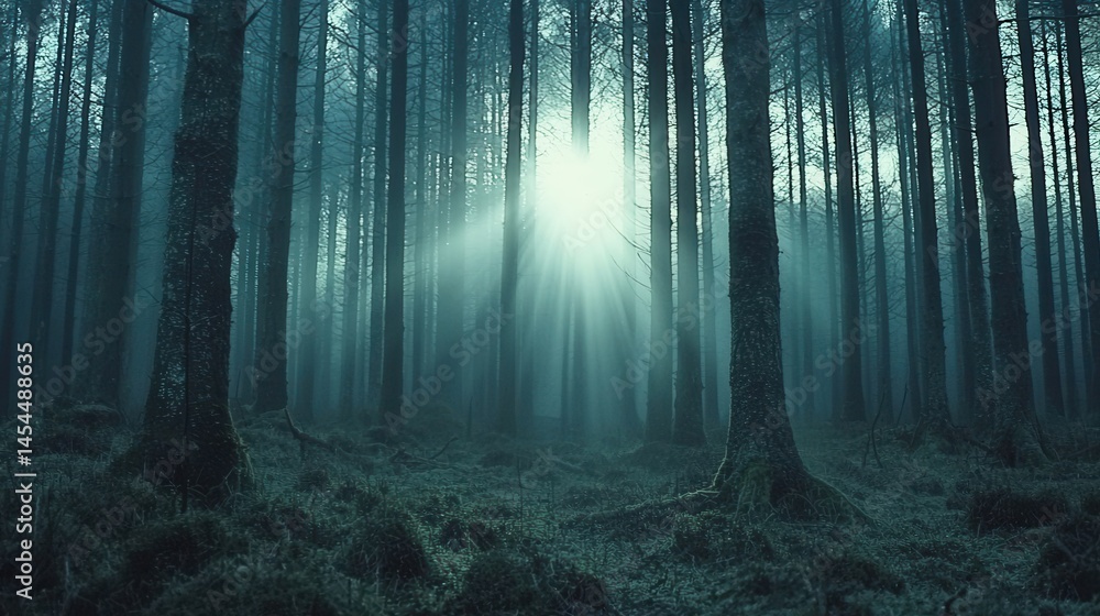 Fototapeta premium Sunbeams filtering through a misty forest