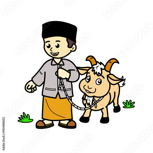  a muslim boy carrying a goat for sacrifice. Vector illustration graphic design image