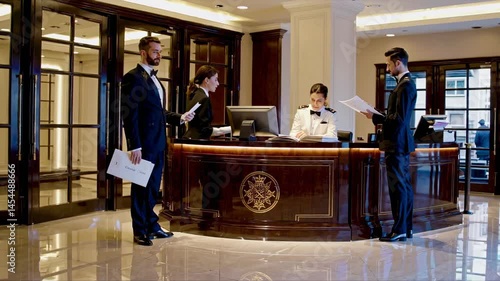 Luxury hotel lobby with reception staff