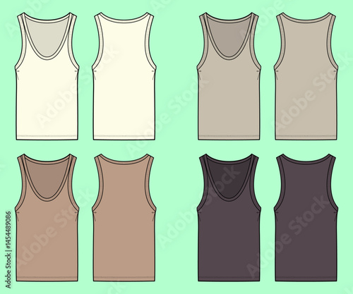 Women summer knit jersey tank top bundle set technical drawing fashion flat sketch vector illustration template front and back views outline CAD mockup