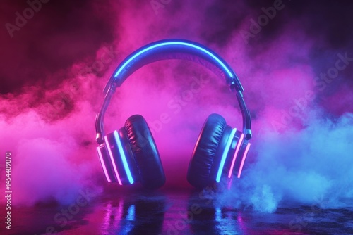 Stylish, glowing neon headphones against a colorful, smoky background, great for music.