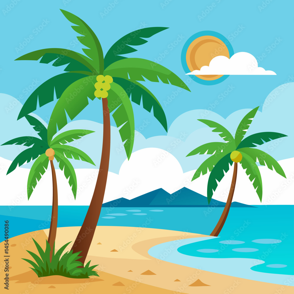 Obraz premium Minimal vector of tropical beach with palm trees clean summer landscape design