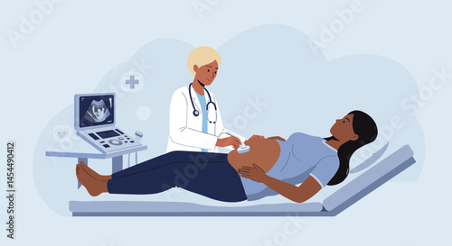 Doctor examining pregnant woman during ultrasound session  