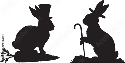 Creative Easter-themed illustration of a bunny in a top hat balanced on a carrot in silhouette style with a plain white background for seasonal charm and simplicity