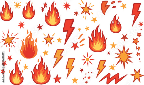 Fire, thunder, star doodle icon. Flame, lightning bolt, star crayon pencil simple scribble set. Hand drawn cartoon hot element. Flash lightning fire star pastel pattern bg.