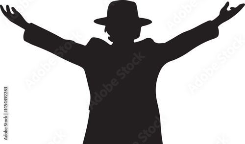 Simple silhouette of a person with arms stretched wide and a hat on their head standing on a white background evoking freedom peace and self-expression