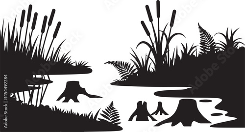 Swamp-themed silhouette scene depicting reeds shoots ferns and stumps emerging from a coastal landscape against a clean white background representing wild nature