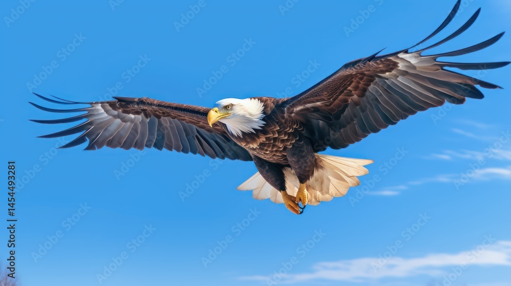 Obraz premium A majestic bald eagle soars gracefully against a clear blue sky.