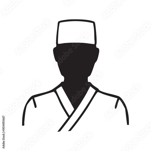 和食店店員の男性モノクロシルエットイラスト　黒