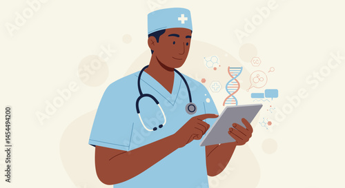 Doctor using tablet with medical symbols on light background  