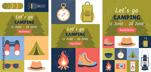 Camping. Set of posters, banners, placards, flyers, templates for social networks