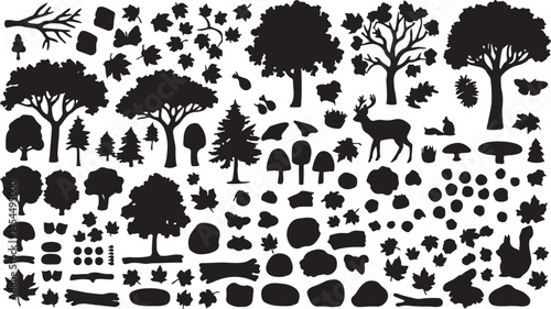 Vector illustration of black silhouettes of various forest trees including coniferous and deciduous types great for landscape design forest scenes and natural background art