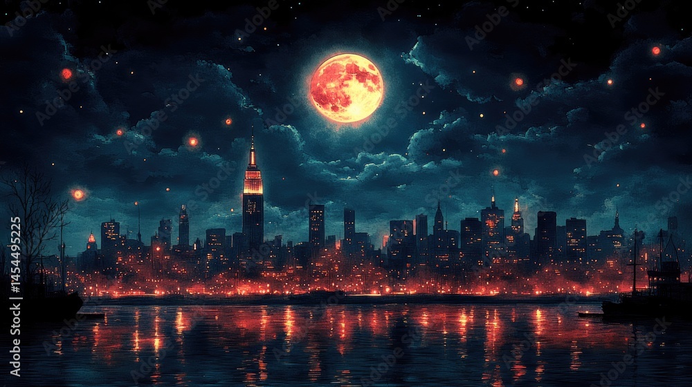 Night city skyline with full moon and glowing lanterns Night city skyline with full moon and glowing lanterns