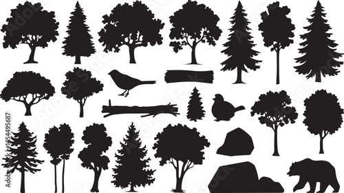 Tree and forest vector silhouettes collection featuring diverse species like conifers and deciduous trees for landscape scenes nature artwork and environmental themed illustrations