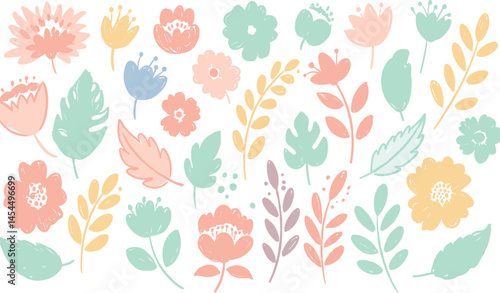 Flower kid crayon pencil vector. Childish spring floral background. Child color crayon chalk hand drawn with plant grass and spring flower. Pastel kid draw illustration.