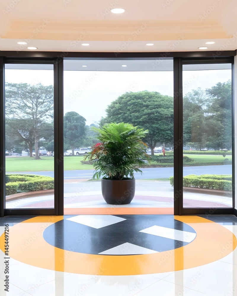 Fototapeta premium Modern lobby with glass doors, potted plant, and circular floor design, showcasing a tranquil outdoor view