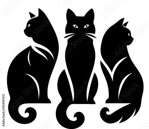 Three black cats sitting in a row. The cats are all facing the same direction. The cats are sitting in a line, with the middle cat being the tallest