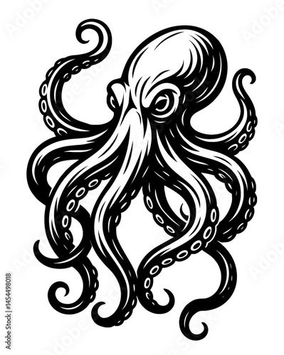 A black and white drawing of an octopus with a menacing look on its face. The octopus has a large, curved tentacle and several smaller tentacles. Scene is dark and foreboding