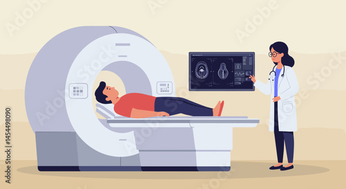 Doctor explaining CT scan procedure to patient in a medical setting  