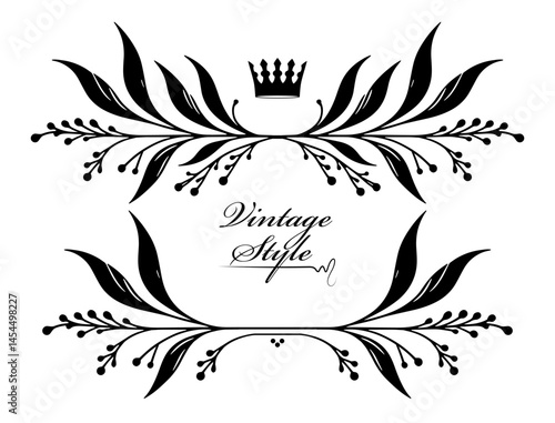 Vintage style is the concept of this image. A black and white design with a crown and leaves, which gives it a classic and elegant feel