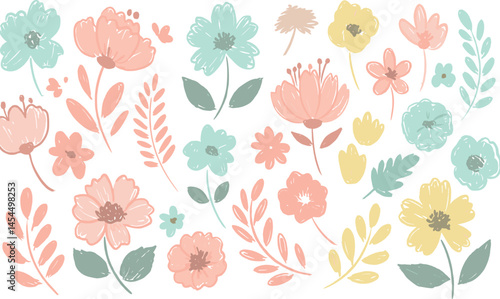 Flower kid crayon pencil vector. Childish spring floral background. Child color crayon chalk hand drawn with plant grass and spring flower. Pastel kid draw illustration.