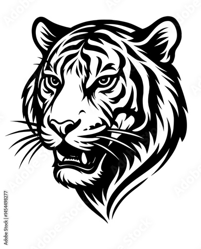 A tiger with a fierce look on its face. The tiger is black and white. The tiger's eyes are open and staring