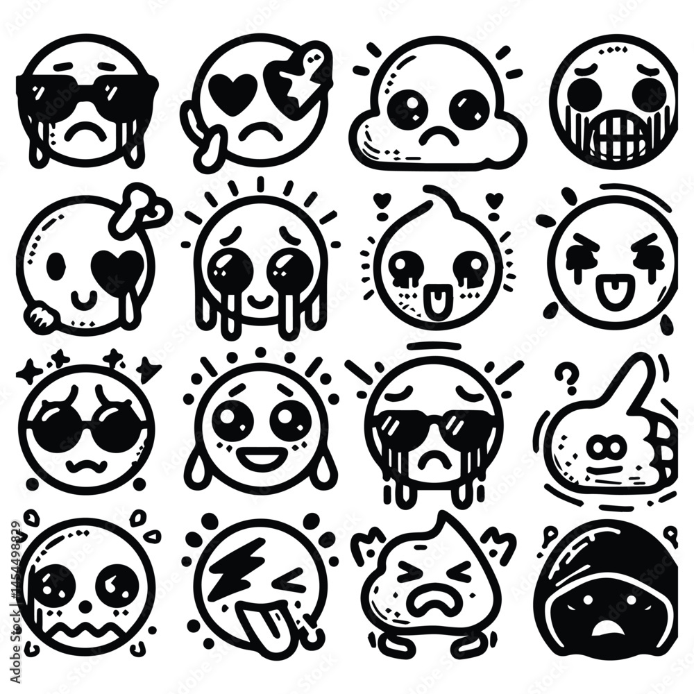vector set emoticon doodle art simple line style black white vector set emoticon doodle art simple line style black white