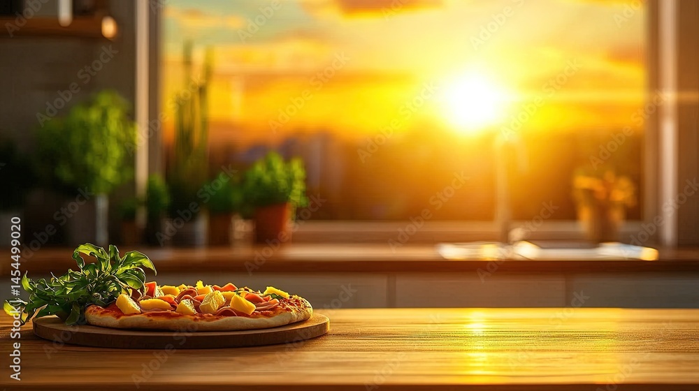 Golden sunset view through kitchen window, featuring pizza on wooden table. Golden sunset view through kitchen window, featuring pizza on wooden table.
