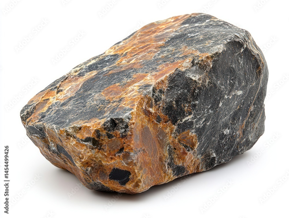 Fototapeta premium Rock A large grey and rusty brown stone sits on a white surface casting a shadow