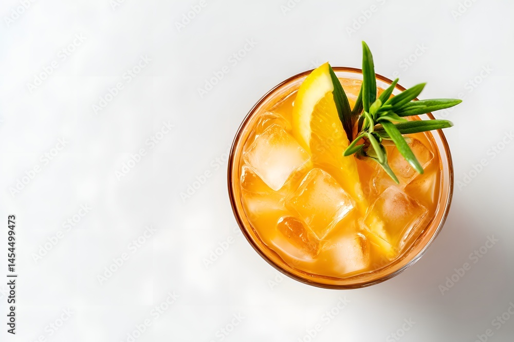 Refreshing Citrus Drink with Ice and Herb Garnish in Clear Glass Refreshing Citrus Drink with Ice and Herb Garnish in Clear Glass