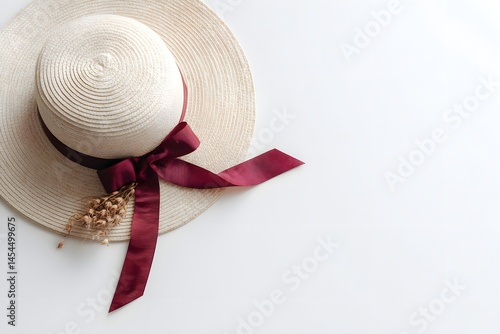 Elegant Straw Hat with Burgundy Ribbon and Dried Flowers Decoration