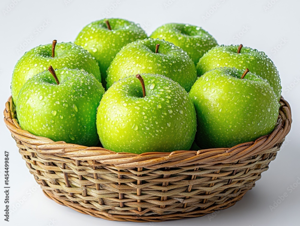 Fresh green apples in a woven basket. Crisp, juicy fruit, glistening with water droplets, nestled in a light brown wicker basket. A healthy and appetizing display Fresh green apples in a woven basket. Crisp, juicy fruit, glistening with water droplets, nestled in a light brown wicker basket. A healthy and appetizing display