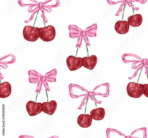 Seamless pattern of cherry with pink bow and ribbon in watercolor style