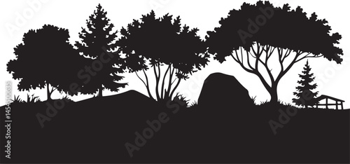 Vector illustration showcasing diverse forest and tree silhouettes including conifers and deciduous species ideal for nature designs botanical themes and outdoor artwork