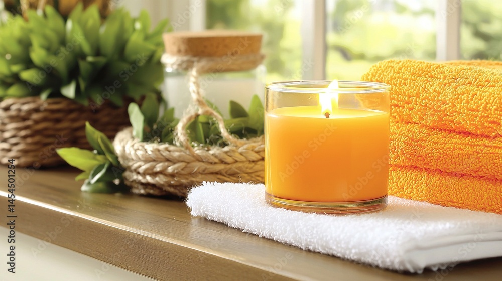 Relaxing spa setting with warm yellow candle.