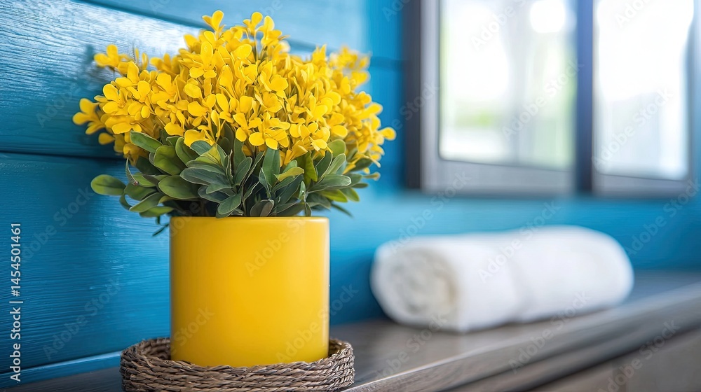 Yellow potted flowers on a blue wall.