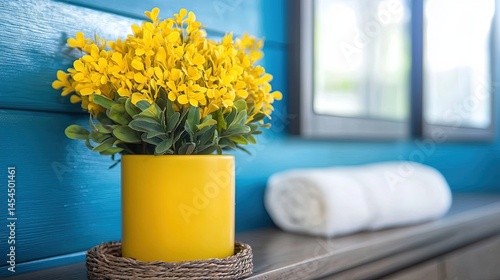 Obraz na płótnie Yellow potted flowers on a blue wall. w salonie