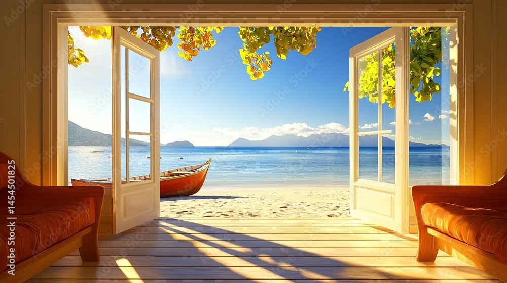 A tranquil beach vista glimpsed through an open doorway.