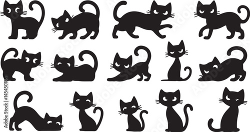 Funny black cat silhouettes in various poses with playful expressions presented in vector style on a white background perfect for pet illustrations or novelty designs