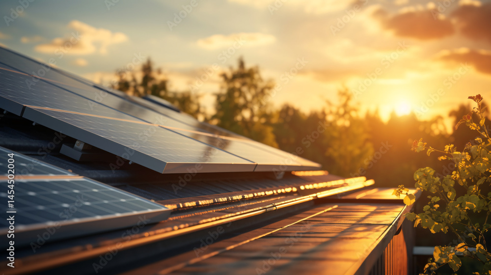 Fototapeta premium Solar photovoltaic panels installed on a residential roof under bright sunlight, producing clean and renewable energy—perfect for sustainability, eco-friendly living, and green power visuals.