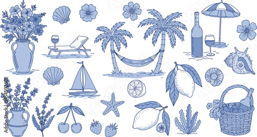 Italian amalfi sicily style vacation hand drawn vector illustrations in grunge rough doodle sketch style elements.