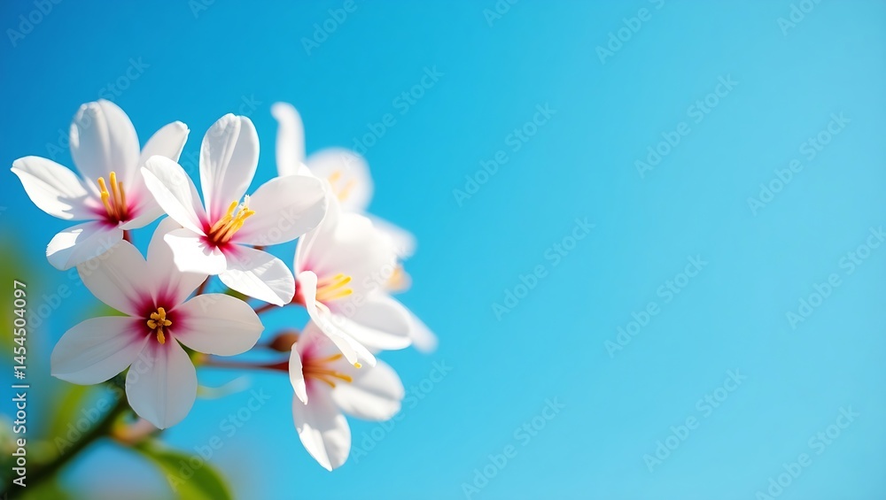 White blossoms with soft pink centers bloom under a vibrant blue sky, sharply focused against a dreamy bokeh background in natural sunlight. White blossoms with soft pink centers bloom under a vibrant blue sky, sharply focused against a dreamy bokeh background in natural sunlight.